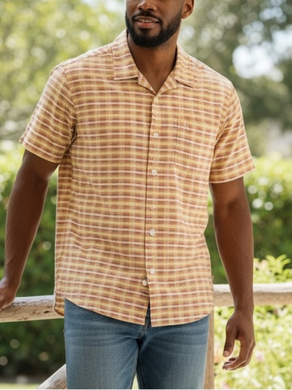 Tommy Bahama Yellow and Brown Plaid Short-Sleeve Camp Shirt Size M